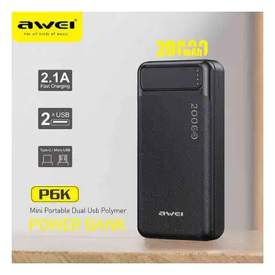 Awei P6K 20000mAh Dual USB Port Fast Charging Power Bank